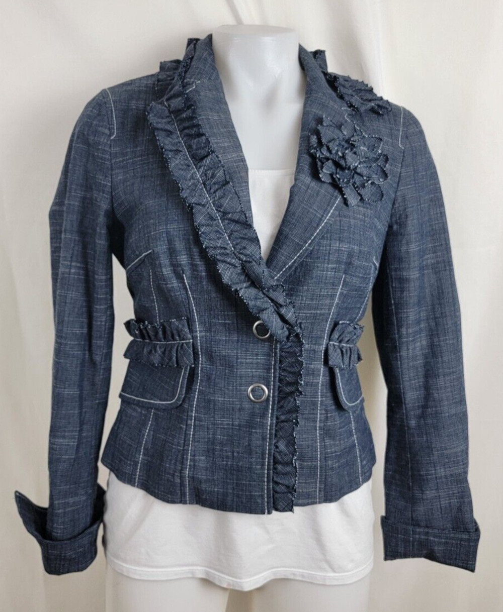 Phoebe Jacket Blue Size 4 Ruffled Edges Striped Liner